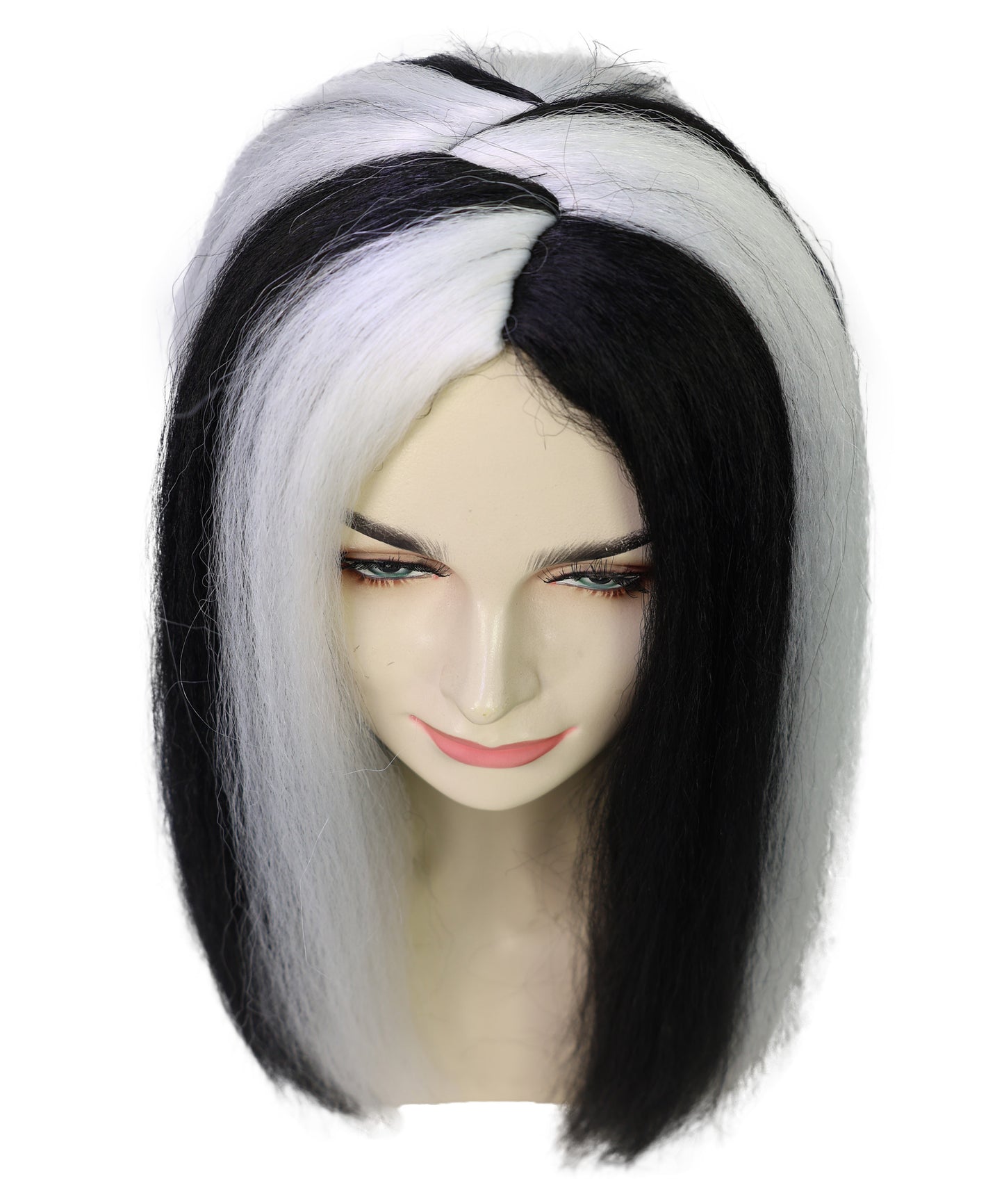 HPO Women’s Sinister-Inspired Long Black & White Wig | Dramatic Halloween Hairstyle | Breathable Capless Cap