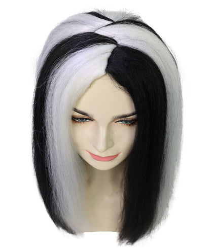 HPO Women’s Sinister-Inspired Long Black & White Wig | Dramatic Halloween Hairstyle | Breathable Capless Cap