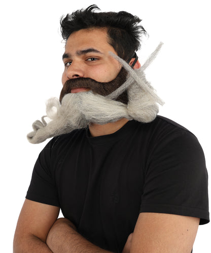 HPO Men's Sculpted Fake Beard & Mustache Set | Grey Styled Mustache Combo Synthetic Fiber | Party Halloween Cosplay Theater Drag Performance Costume Events