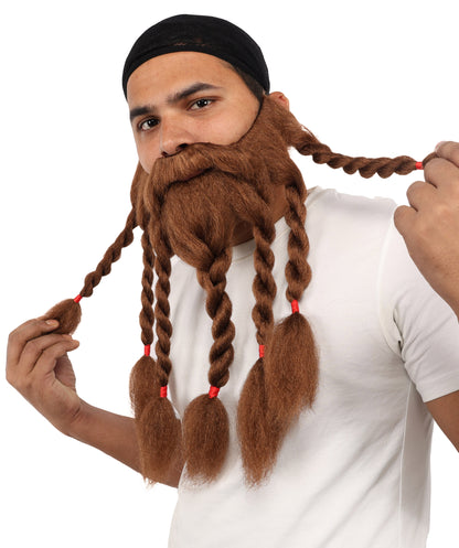 HPO Men's Warrior Beard &Mustache Accessory | Long Brown Synthetic Beard with Mustache Set | Medieval Fantasy Roleplay Look