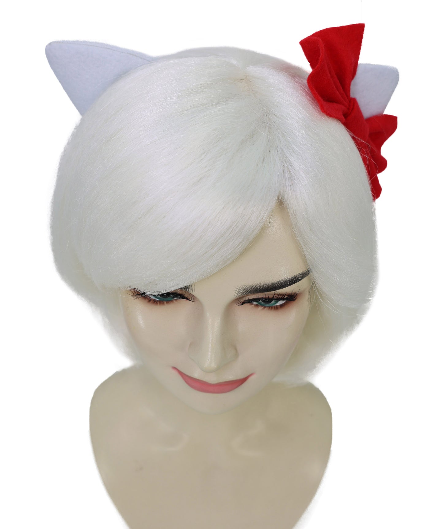 HPO Adult Women's Cute Kitty-Inspired White Wig with Bow Ribbon | Soft Synthetic Cosplay Hair with Attached Ribbon for Dress Up & Parties