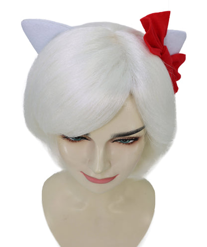 HPO Adult Women's Cute Kitty-Inspired White Wig with Bow Ribbon | Soft Synthetic Cosplay Hair with Attached Ribbon for Dress Up & Parties