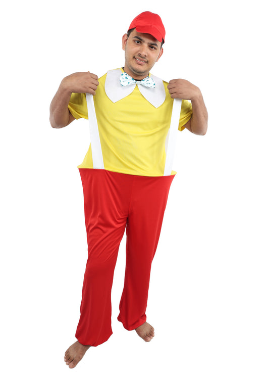 HPO Men's Storybook Character Costume – Yellow Top with Red Pant, Bow Tie, Suspenders & Trousers | Playful Role Suit for T Visual Scenes