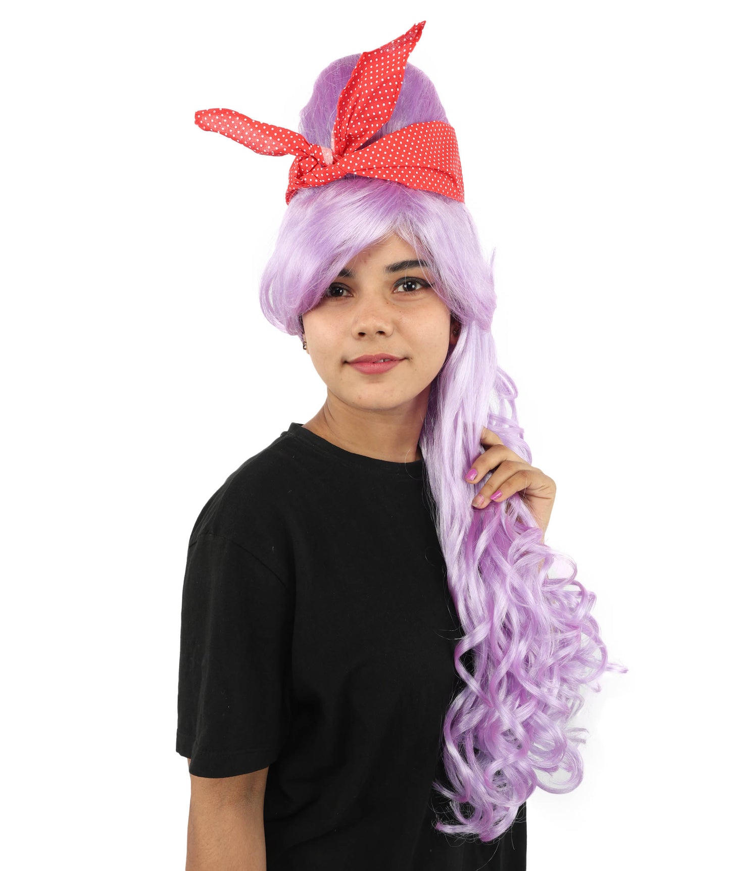 HPO Women’s Retro Beehive Wig with Red Bow | Multicolor Options | Extra Long Wavy Fancy Dress Accessory | Fancy Dress Accessory | Celebrity-Inspired Hair for Halloween, Cosplay & Music Tribute Parties