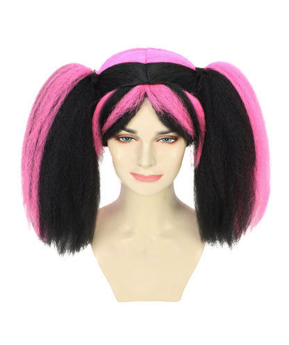 HPO Adult Women’s Steampunk Wig with Black Base and Vibrant Pink Streaks Ponytails | Synthetic Flame-Retardant Fiber |