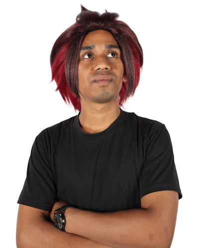 HPO Adult Men'S Short Layered Burgundy Cosplay Wig with Red Markings and Earrings | Anime-Inspired Hair with Cap and Bonus Sticker