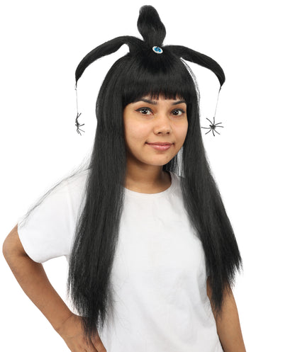 HPO Women's Spider Gothic Sculpted Wig | Monochromatic midnight black, create of synthetic fiber, architectural spider-leg loops with blunt bangs, breathable base | Party, Halloween, theater, drag, performance, costume events