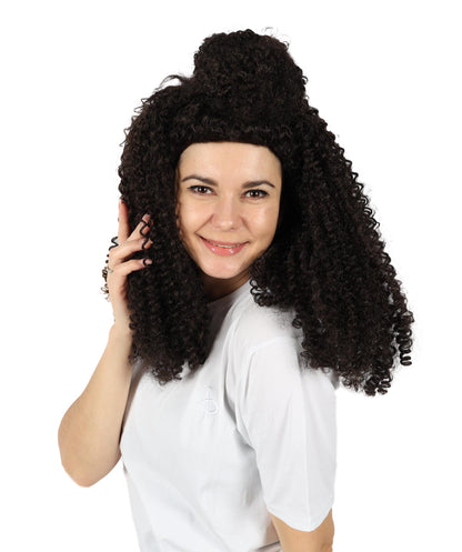 HPO Adult Women’s Voluminous Medium Brown Curly Half-Up Wig | Halloween and Cosplay Wig | Flame-retardant Synthetic Fiber