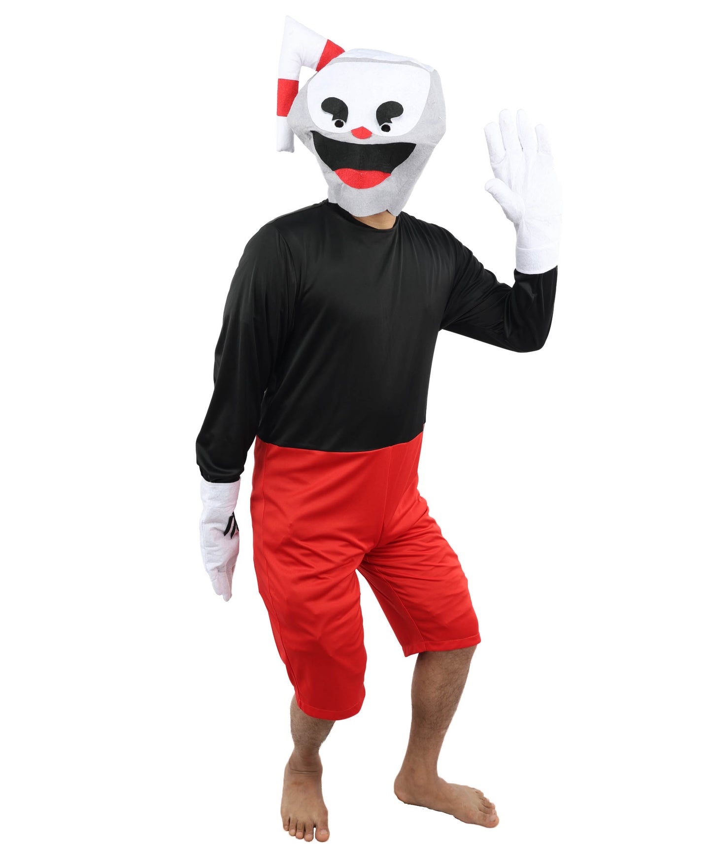 HPO Men's Vintage Toon Cup Red & Black Costume | Soft Fabric Construction Featuring Straw Accent Mask and Shorts | Versatile for Stage Shows, Carnival Events, and Character Parties