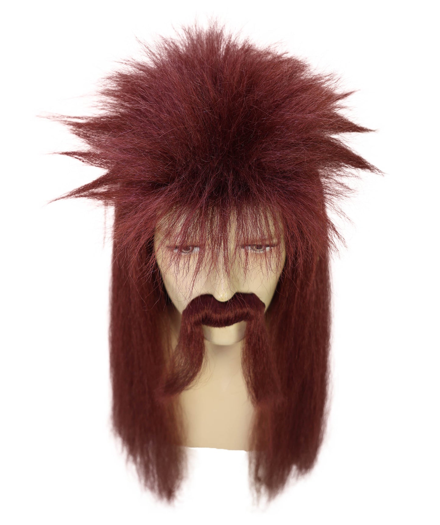 HPO Men's Long Mullet Hair Wig & Moustache Set – Retro Rocker Costume Accessory for Men