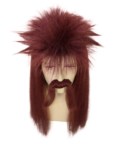HPO Men's Long Mullet Hair Wig & Moustache Set – Retro Rocker Costume Accessory for Men