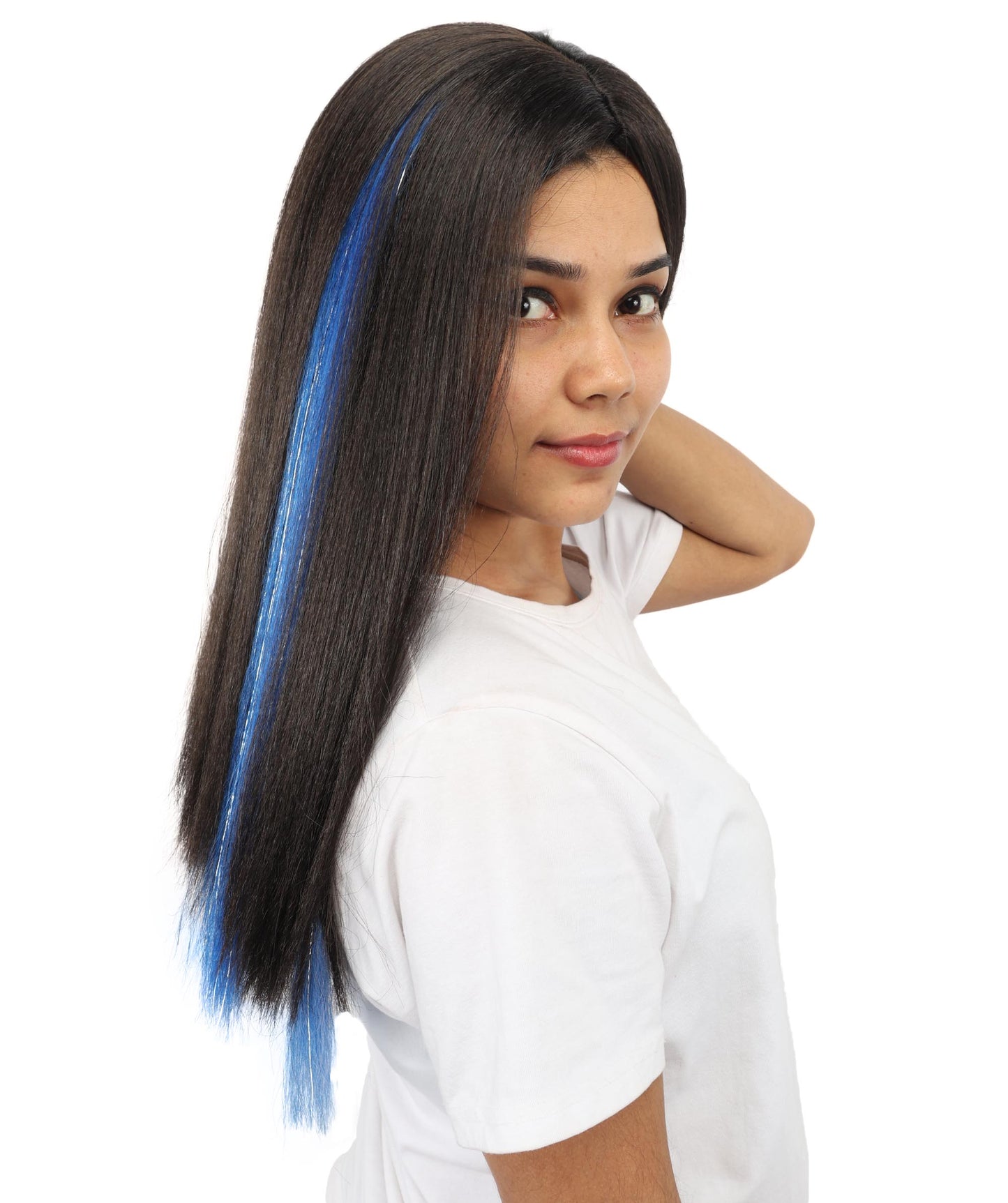 HPO Women's Sparkling Blue Tinsel Extension | Vibrant metallic blue hue, create of synthetic fiber and tinsel, long shimmering texture, clip-in base | Party, Halloween, theater, drag, performance, costume events
