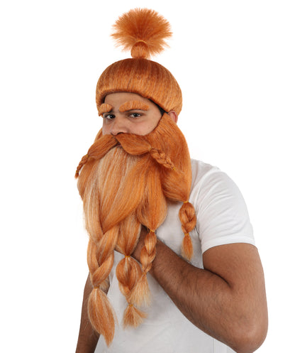 HPO Golden Brown Warrior Wig Beard Mustache Set with Eyeborws for Adults | Synthetic fiber Accessory Set with Capless Cap | Ideal for Halloween , Cosplay and any event