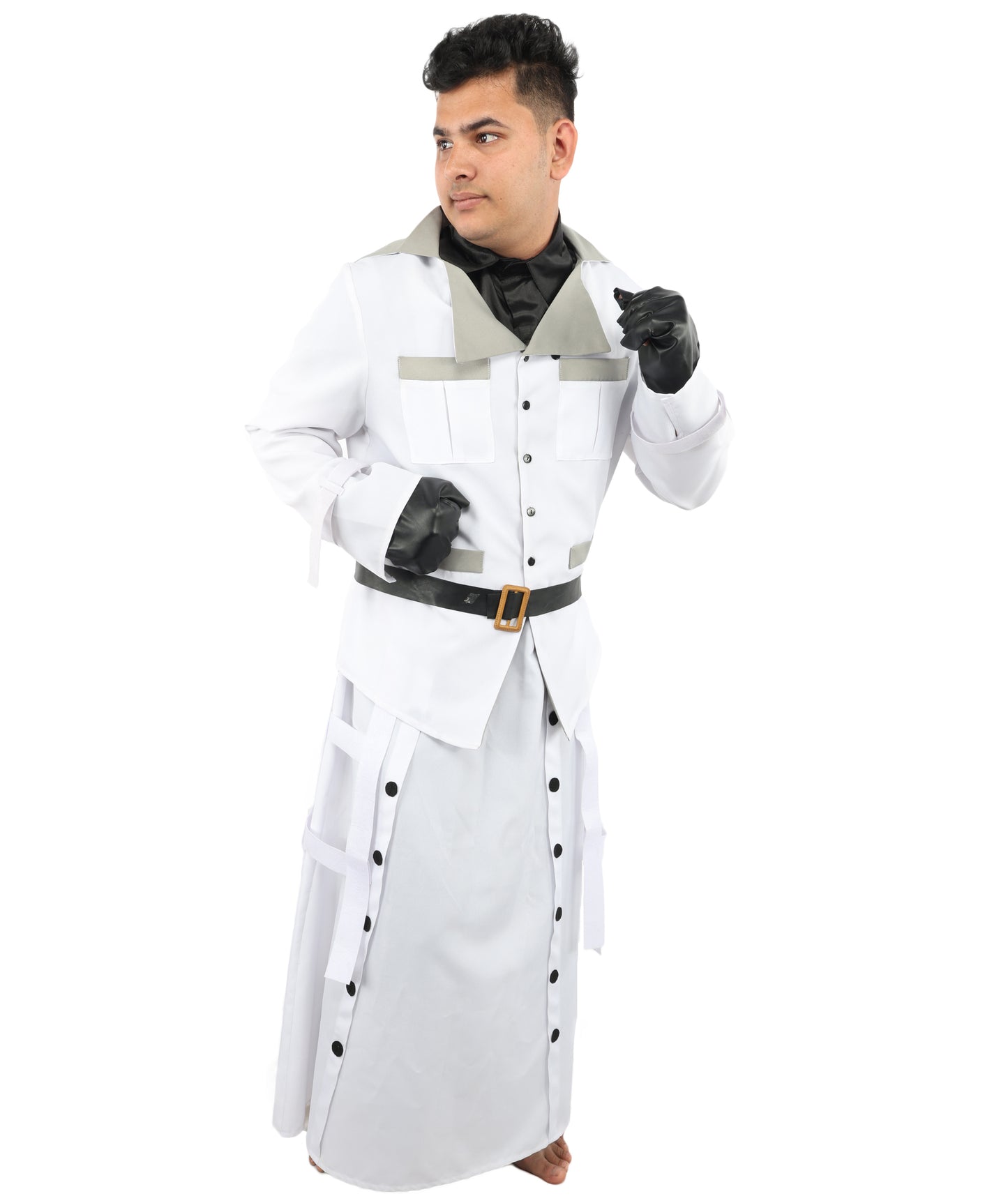 HPO Men's Sci-Fi Executive Officer Costume | White Trench Coat Uniform with Layered Black Scarf and Belts | Ideal for Halloween, Theater, Drag, and Gaming Events