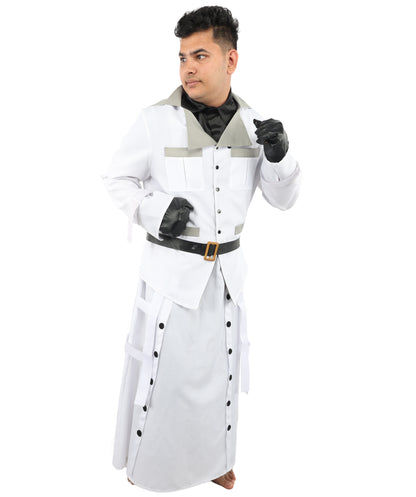 HPO Men's Sci-Fi Executive Officer Costume | White Trench Coat Uniform with Layered Black Scarf and Belts | Ideal for Halloween, Theater, Drag, and Gaming Events