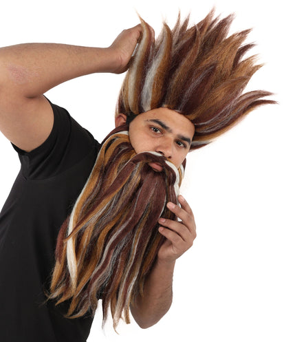 Wild Man Wig Beard & Mustache Set | Voluminous Multicolor Options Messy Hair with Matching Facial Hair, Synthetic Fiber & Breathable Cap | Halloween, Jungle Roleplay, Theater, Carnival & Costume Party