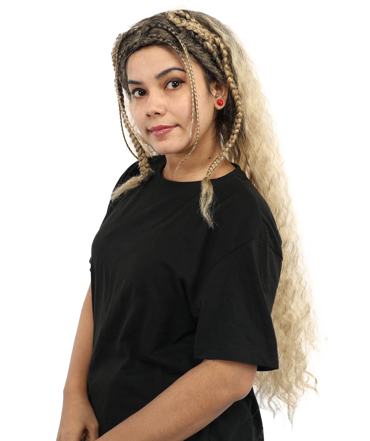 HPO Women's Extra Long Dark Brown & Ash Blonde Mixed Wig with Micro Braids | Loose Wavy Synthetic Hairpiece for Cosplay, Festivals, Stage Shows &  Parties