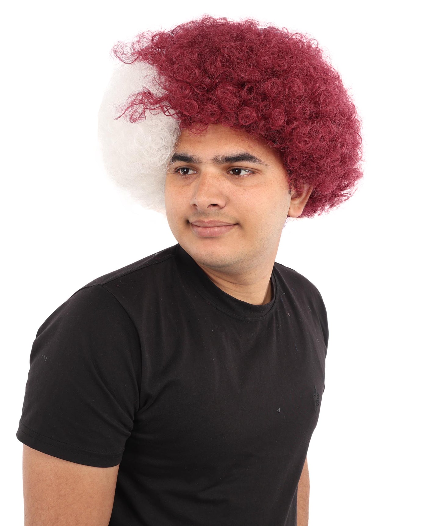 HPO Unisex Qatar Flag-Inspired Curly Maroon & White Sport Clown Wig – Voluminous Curl with Standard Cap | National Colors for Sports, Festivals & Cosplay