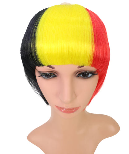HPO Women's Short Straight Belgium Flag Wig – Tricolor Fringe Style | Ideal for Sports Fans & National Celebrations