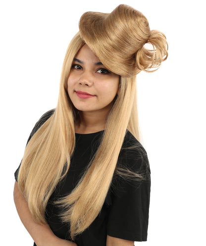 HPO Women's Sculpted Pillbox Hat Wig | Dark honey blonde hue, create of synthetic fiber, integrated 23-inch smooth straight volume with coiled fascinator texture, breathable base | Party, Halloween, theater, drag, performance, costume events