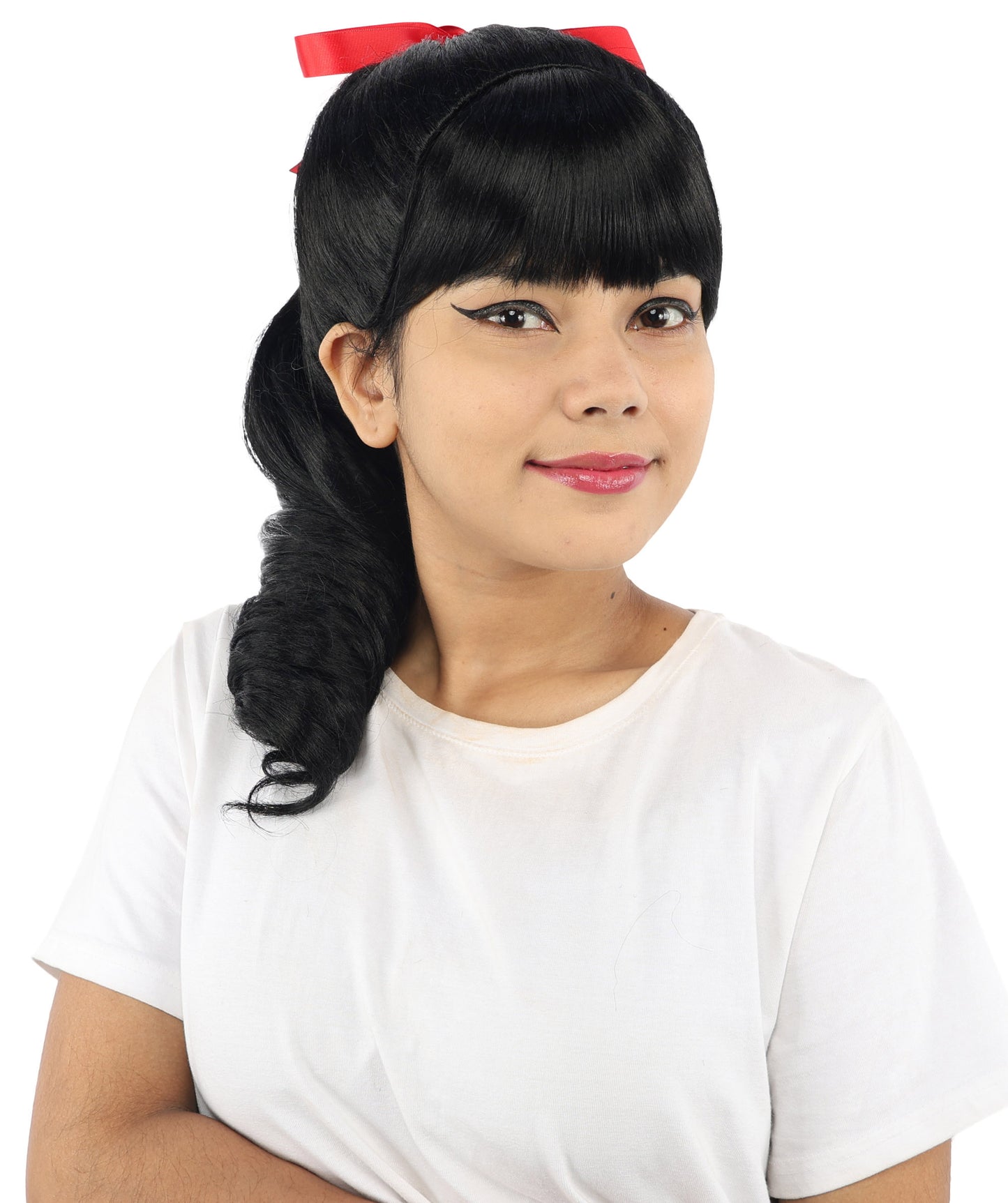 HPO Women's Spiral Ponytail Wig | Multicolor Options | High Updo with Red Ribbon Bow & Bangs, Heat Friendly Synthetic Fiber & Breathable Cap | Halloween, Christmas Event, Themed Party, Theater & Roleplay