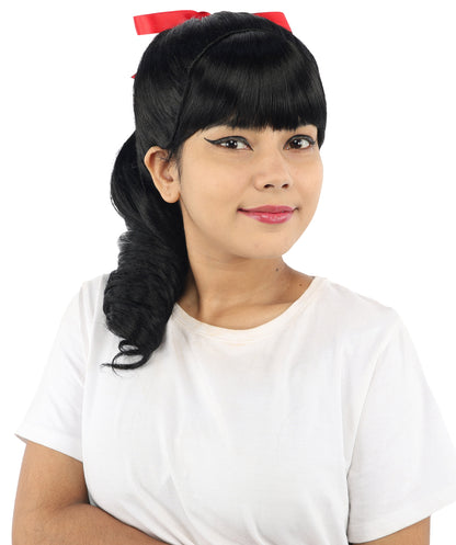 HPO Women's Spiral Ponytail Wig | Multicolor Options | High Updo with Red Ribbon Bow & Bangs, Heat Friendly Synthetic Fiber & Breathable Cap | Halloween, Christmas Event, Themed Party, Theater & Roleplay