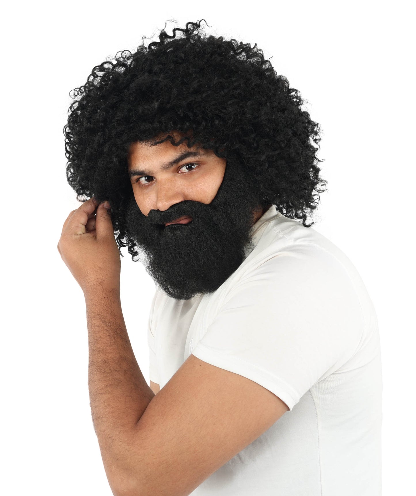 HPO Men's Wild Caveman Orange Wig Beard & Mustache Set | Massive Frizzy Orange Afro and Full Beard Set with Messy Texture | Prehistoric Costume, Viking Cosplay, Halloween, and Funny Party Props