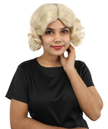 HPO Women’s Medium Length Blonde Curly Retro Wig – 11 Inch Retro Vintage Style Wig with Waves | Inspired by Timeless Music Star Look for Halloween and Cosplay