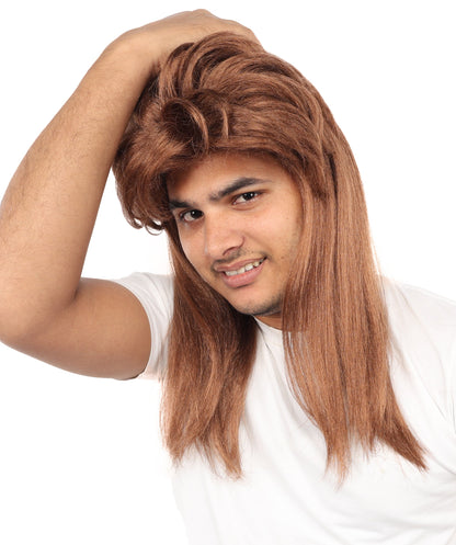Men’s 70s Long Auburn Brown Hippie Wig | Adult Fancy Dress Retro Hairpiece | Ideal for Halloween, Cosplay or any Retro-themed Party