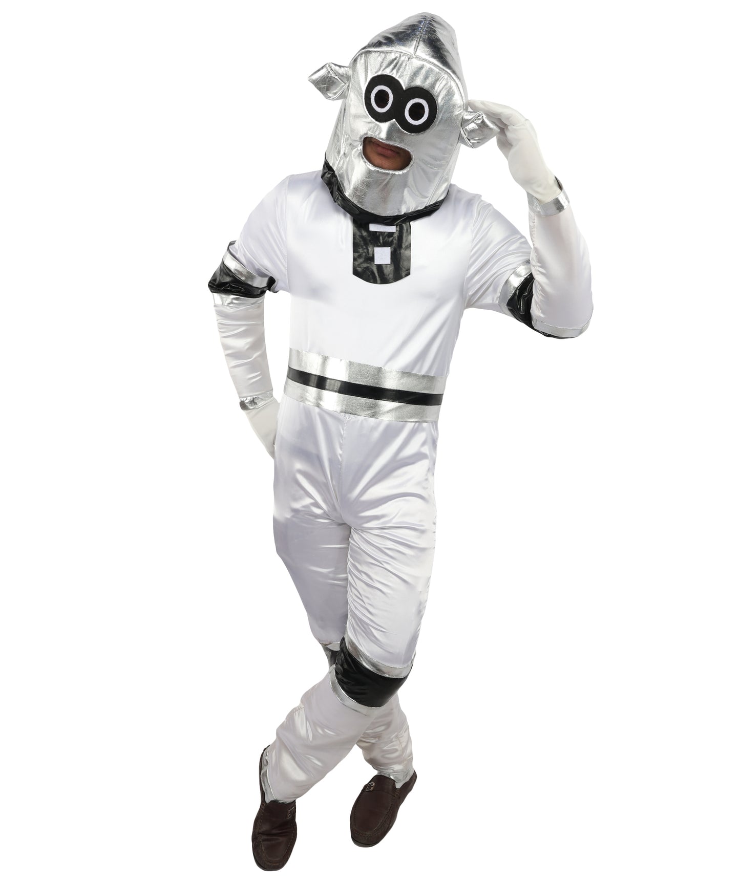 HPO Men's Metallic Silver & Black Android Bodysuit | Shiny PVC and Satin Finish with Full Head Cap and Matching Hand Gloves | Ideal for Cosplay, Halloween, Drag, and Futuristic Theater Performances