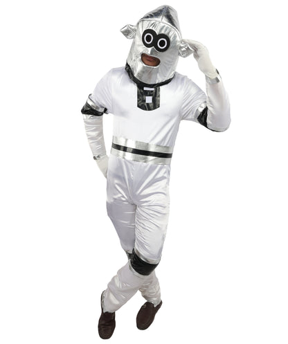 HPO Men's Metallic Silver & Black Android Bodysuit | Shiny PVC and Satin Finish with Full Head Cap and Matching Hand Gloves | Ideal for Cosplay, Halloween, Drag, and Futuristic Theater Performances