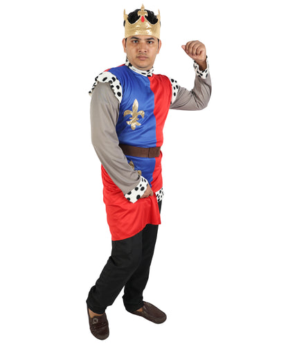 HPO Men's King Arthur Multicolor Costume | Medieval Royal Prince Fleur-de-lis Tunic Fabric Cape Mock Chainmail Sleeves Crown Set | Youth Camelot Cosplay Historic Pageant Theater Performance Costume Events