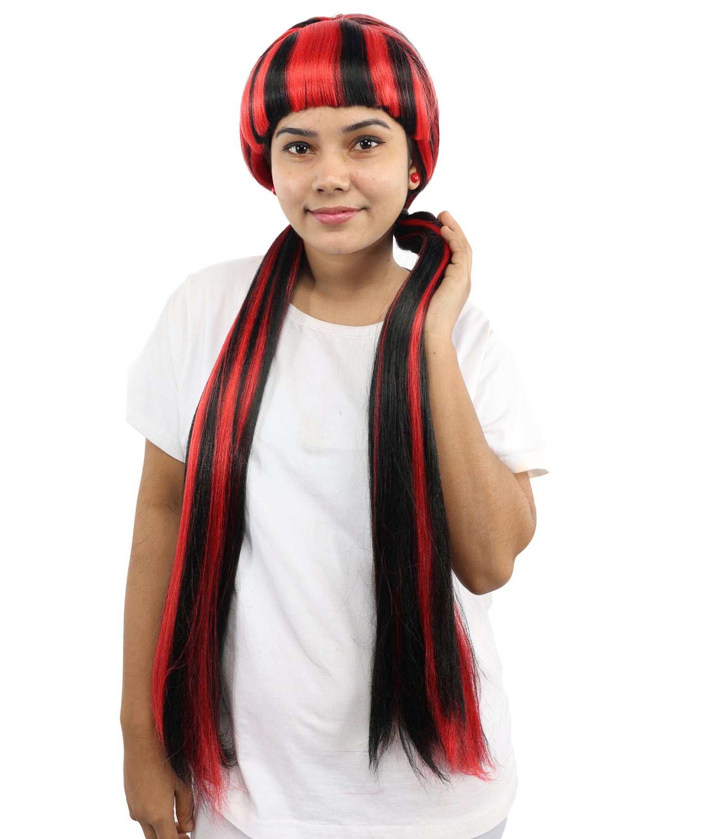 HPO Women's Gothic Harlequin Extra Long Wig | Heat Resistant Fiber Featuring Bold Crimson and Onyx Stripes with Curved Ends | Halloween Costume Events and Performance Art