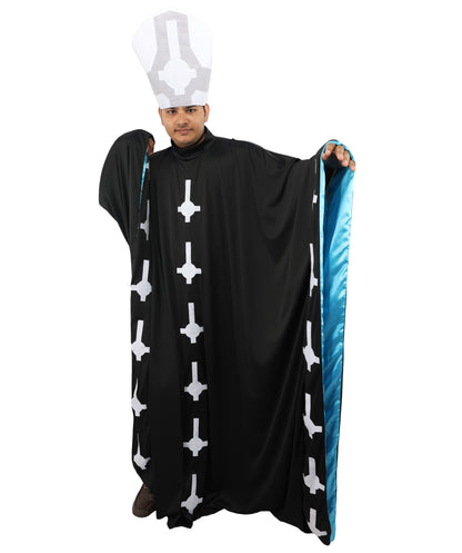 HPO Men's Satanic Pope Costume | Ghostly Grim Clergy Black Robe Teal Satin Lining Inverted Cross Mitre Hat | Halloween Dark Metal Rock Cosplay Stage Performance Wardrobe Piece