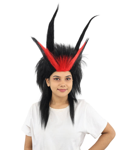 Adult Women’s Black Spiked Horn Wig | Fantasy Hair with Red Accents | Ideal for Gothic Cosplay and Halloween Events