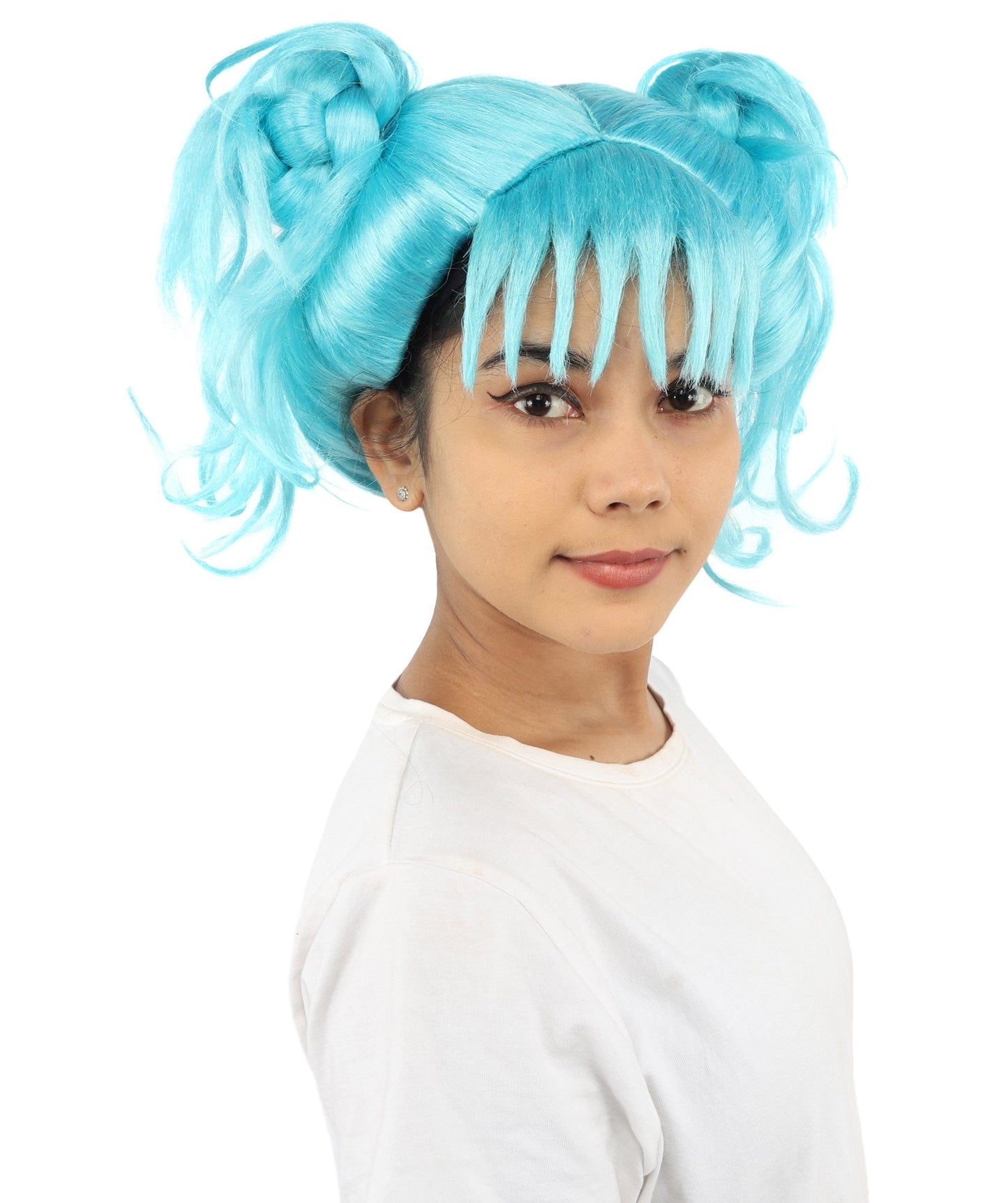 HPO Adult Women’s Messy Twin Bun Wig with Graphic Bangs | Multiple Color Options | Edgy Wig for Cosplay, Fashion Events, Halloween & Stage Wear | Adjustable Cap, Lightweight Synthetic Fiber