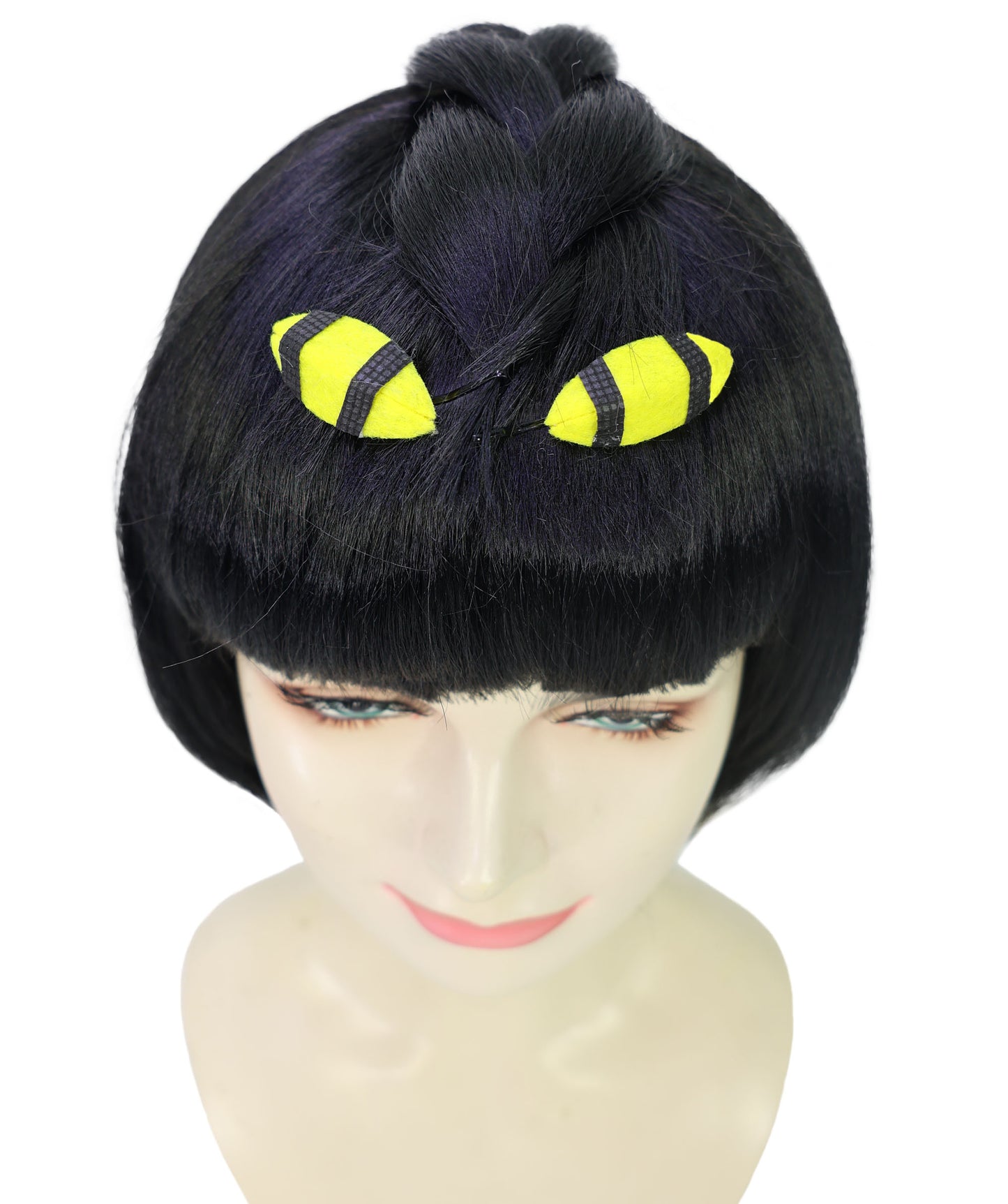 HPO Adult Women's Short Black Straight Anime Wig | Game-Inspired Character Wig with Crown & Blunt Bangs | Ideal Synthetic Hair for Cosplay, Costume & Conventions