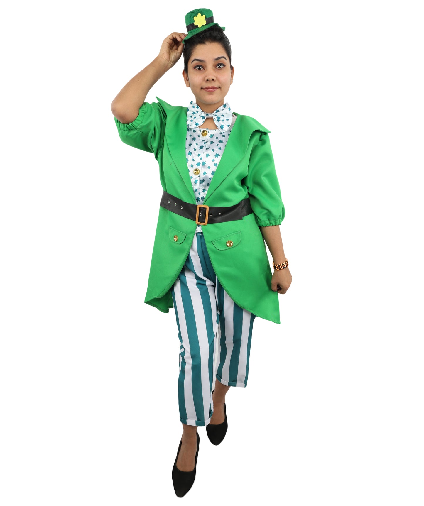 HPO Women's Irish Green Holiday Suit | Layered Shamrock Top and Knickers with Attached Belt | Versatile for Stage Shows, Pub Crawls, and Costume Parties
