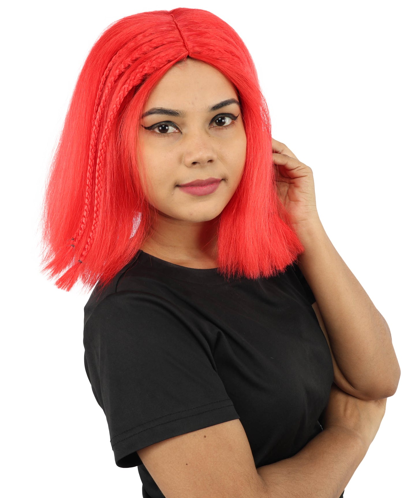 HPO Celebrity-Style 11 Inch Green Rooted Blonde Front Braided Straight Wig | Shoulder-Length Fun, Bold, and Stylish Hairpiece  | Ideal for Halloween, Cosplay, and Themed Parties