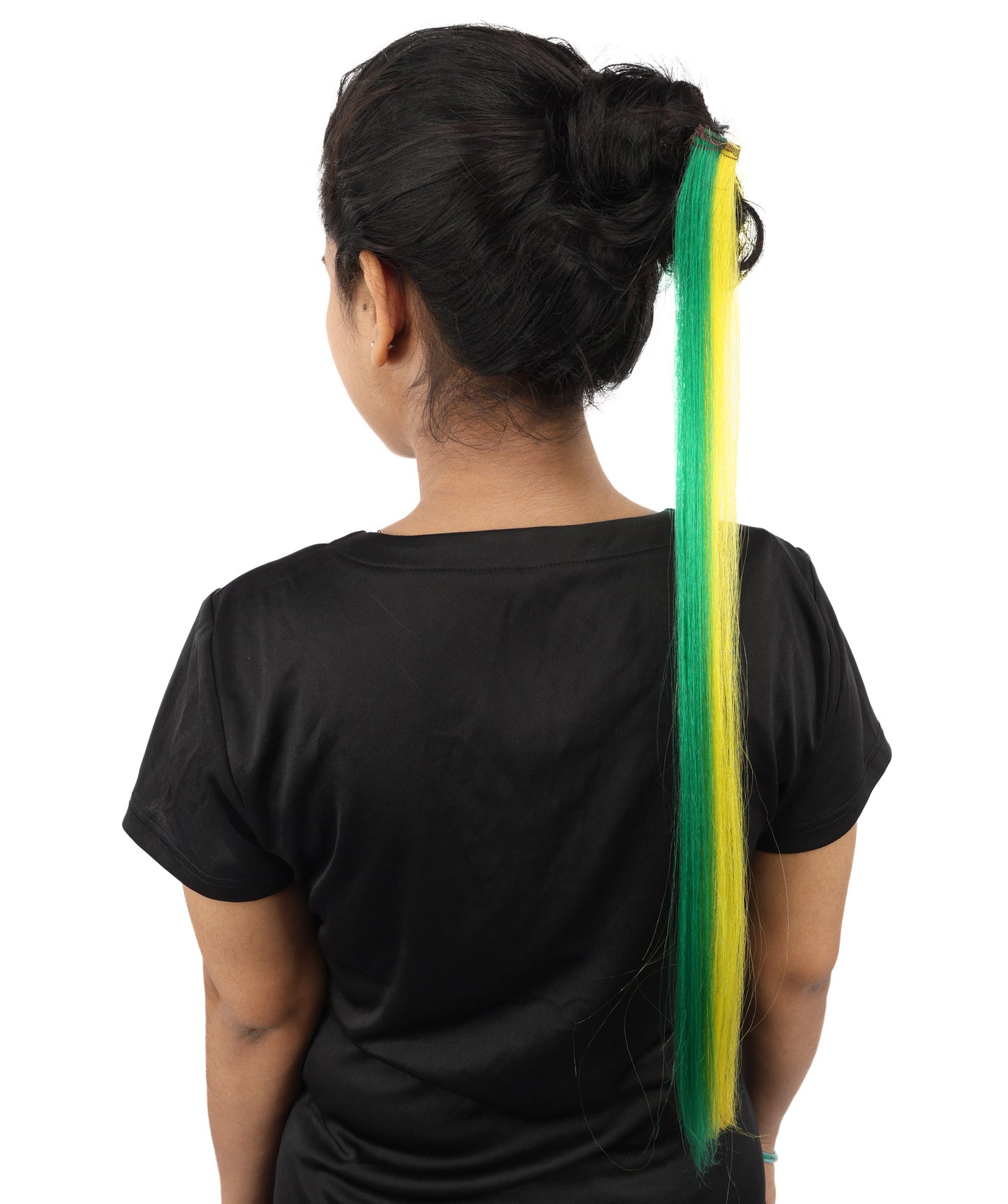 HPO Women's Brazilian Clip-in Hair Extension | Sleek straight green and yellow synthetic fibers featuring a secure snap attachment | Ideal for party, Halloween, cosplay, theater, drag, performance, costume events