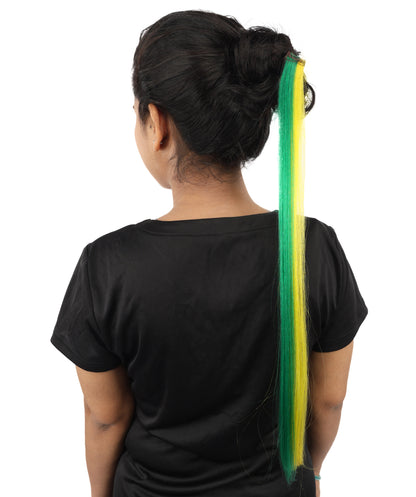 HPO Women's Brazilian Clip-in Hair Extension | Sleek straight green and yellow synthetic fibers featuring a secure snap attachment | Ideal for party, Halloween, cosplay, theater, drag, performance, costume events