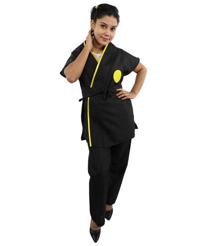 HPO Women’s Black Martial Arts Costume – Sleeveless Top, Belt & Trousers Outfit Set  | Theme Party & Cosplay Presentation Wear