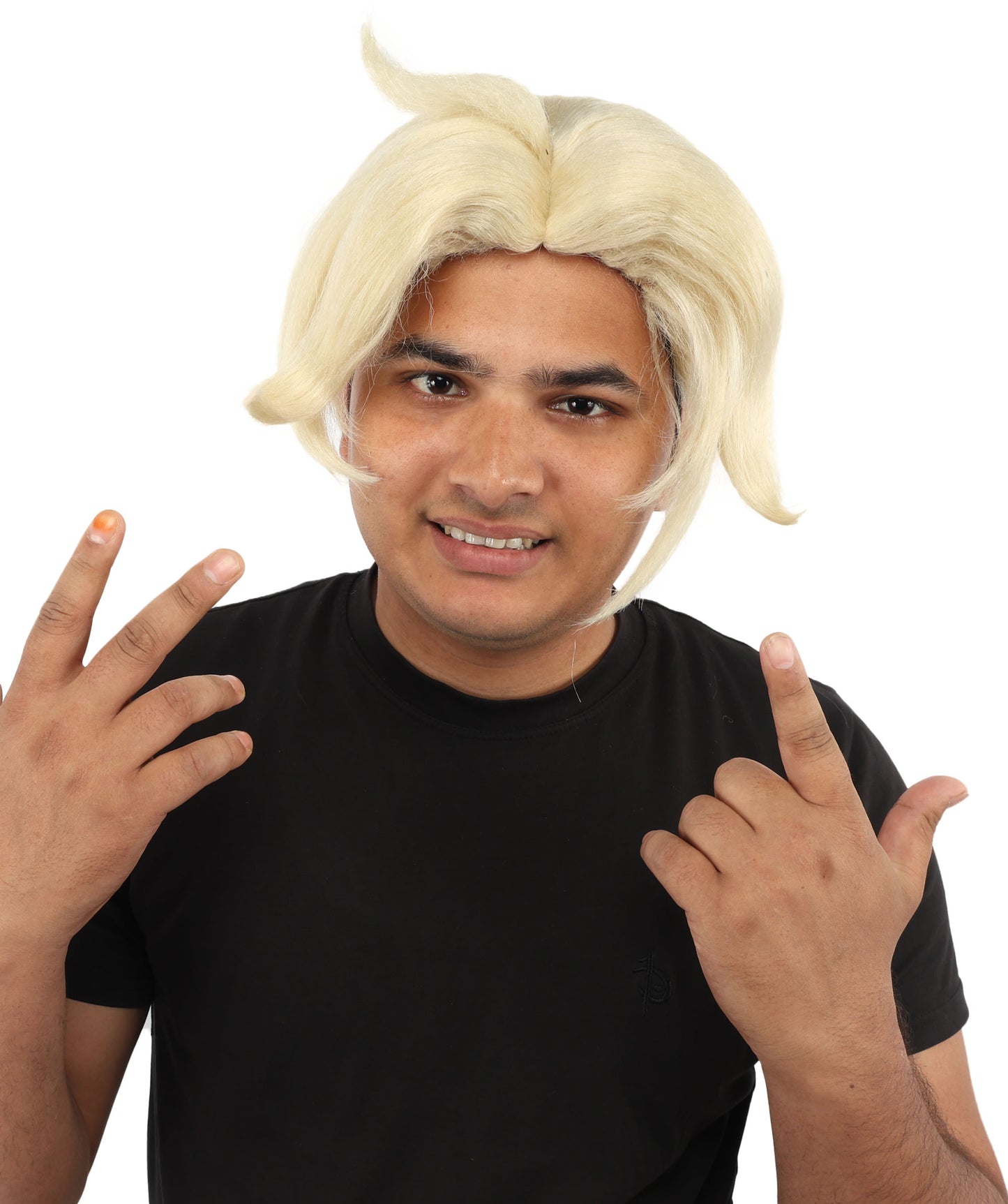 HPO Men's Golden Blonde Curtain Bang Wig | Shoulder Length Wavy Surfer Style, Heat Resistant Synthetic Fiber & Breathable Net | Halloween, Funny Roleplay, Theater, 90s Party & Costume Events