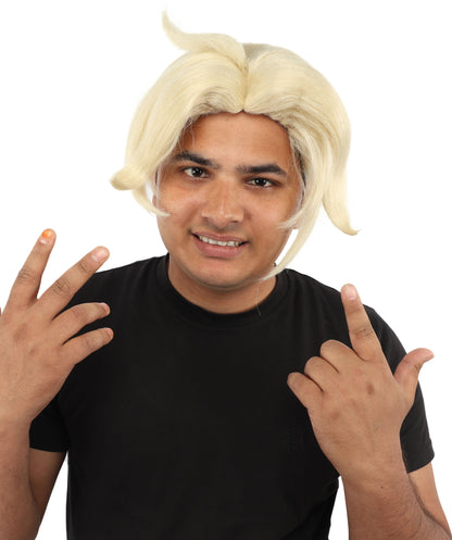 HPO Men's Golden Blonde Curtain Bang Wig | Shoulder Length Wavy Surfer Style, Heat Resistant Synthetic Fiber & Breathable Net | Halloween, Funny Roleplay, Theater, 90s Party & Costume Events