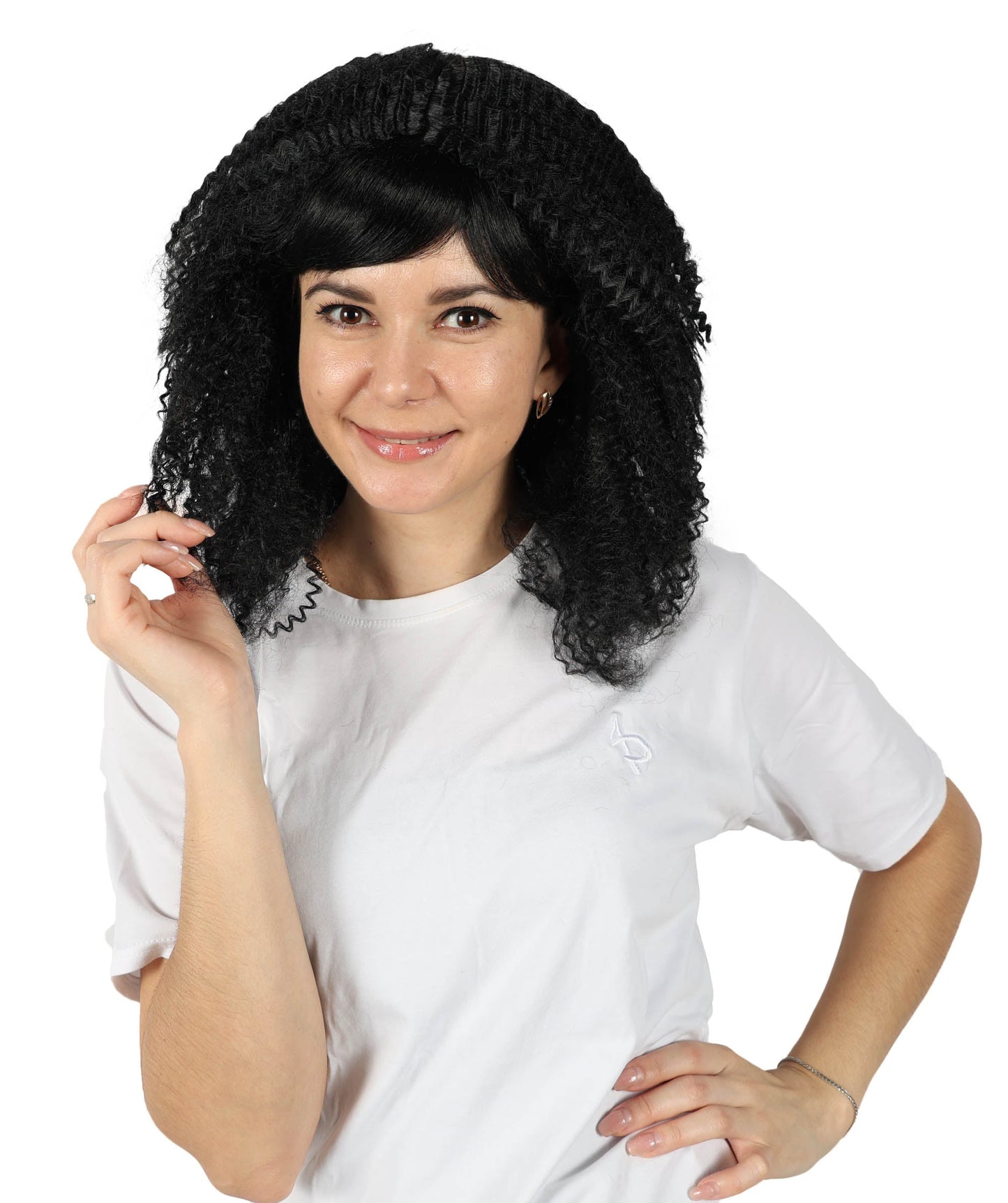 HPO Adult Women's 80s Shoulder Length Straight Black Crimp Wig| Halloween and Cosplay Wig | Flame-retardant Synthetic Fiber