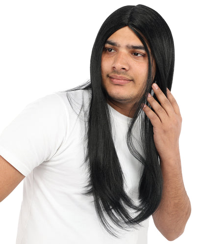 HPO Men’s Middle Part Black Straight Wig | High Heat-Resistant Synthetic Hair | Sleek Rock Star Style for Cosplay, Stage & Halloween