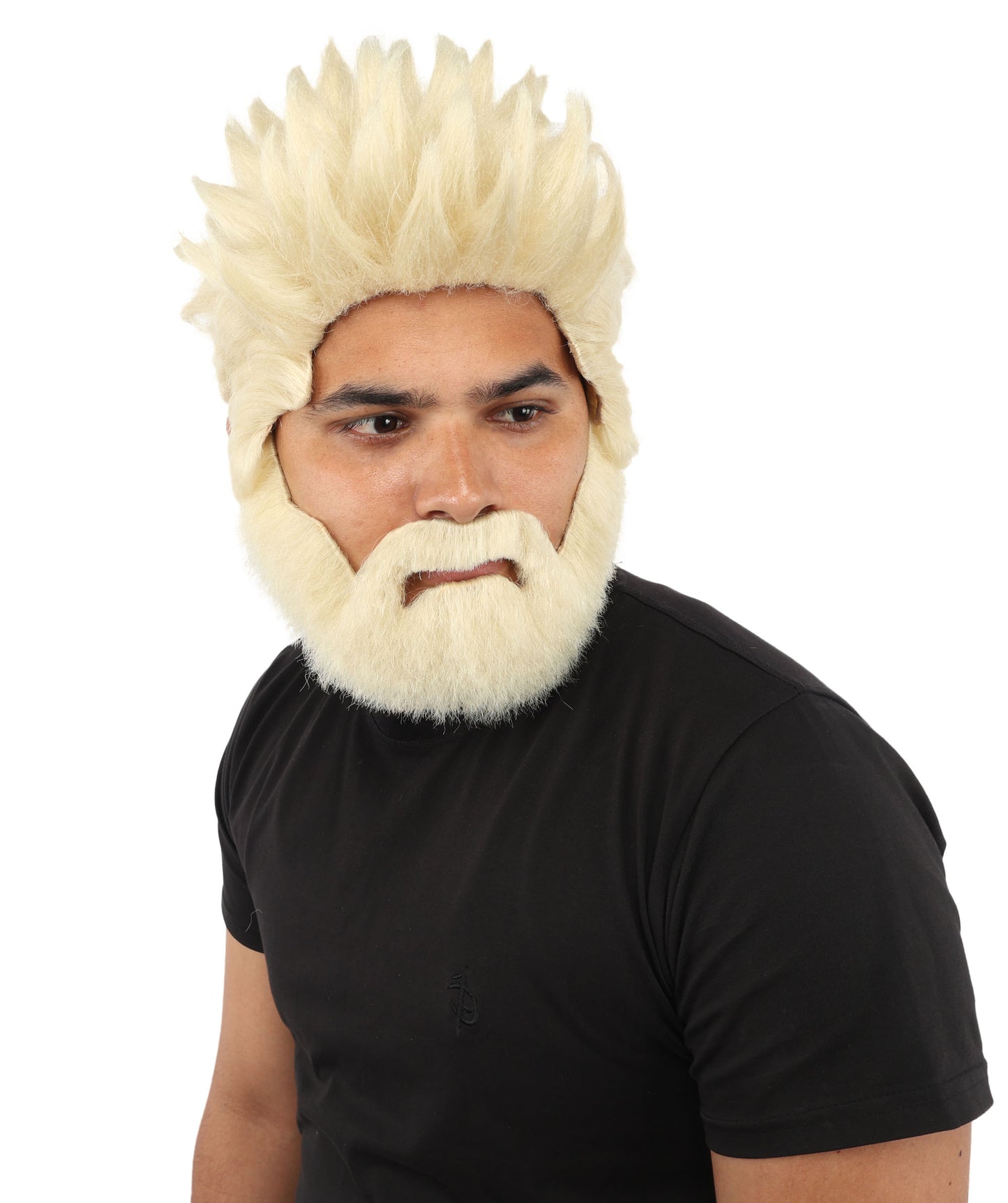 HPO Men’s Animated Genius Spiky Wig Beard & Mustache Set  – Wild Mad Scientist Pointed Beard & Curled Mustache Combo | Ideal for Animated Cosplay, Halloween Parties & Events