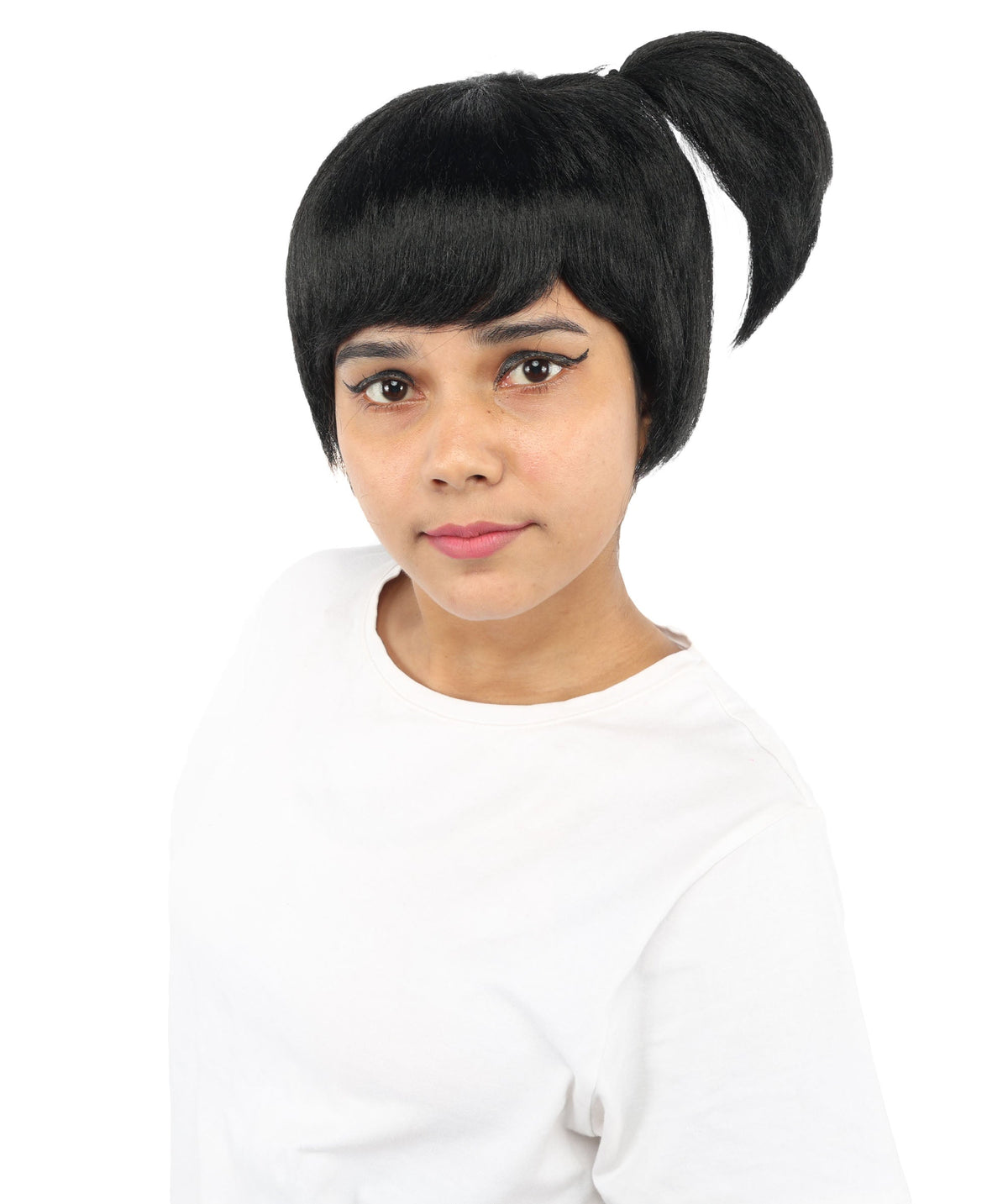 HPO Adult Women's Anime Trainer Character Wig | Vibrant hue multicolor options, create of synthetic fiber, short choppy bob with high side ponytail, breathable base | Cosplay, Halloween, theater, party, performance, costume events