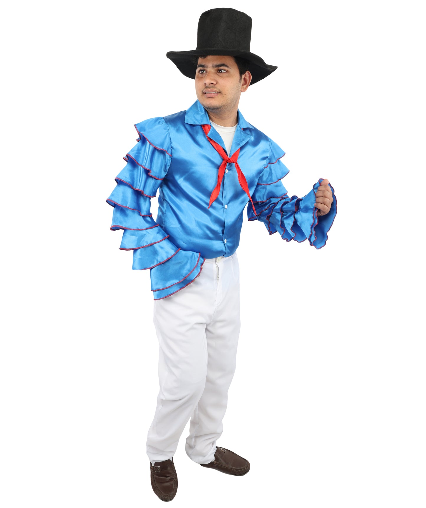 HPO Men's Rhythmic Multicolor Uniform Costume | Tiered Ruffle Satin Sleeves with Contrast Neck Tie and White Trousers | Ideal for Cosplay, Halloween, Drag, and Latin Dance Performance Events