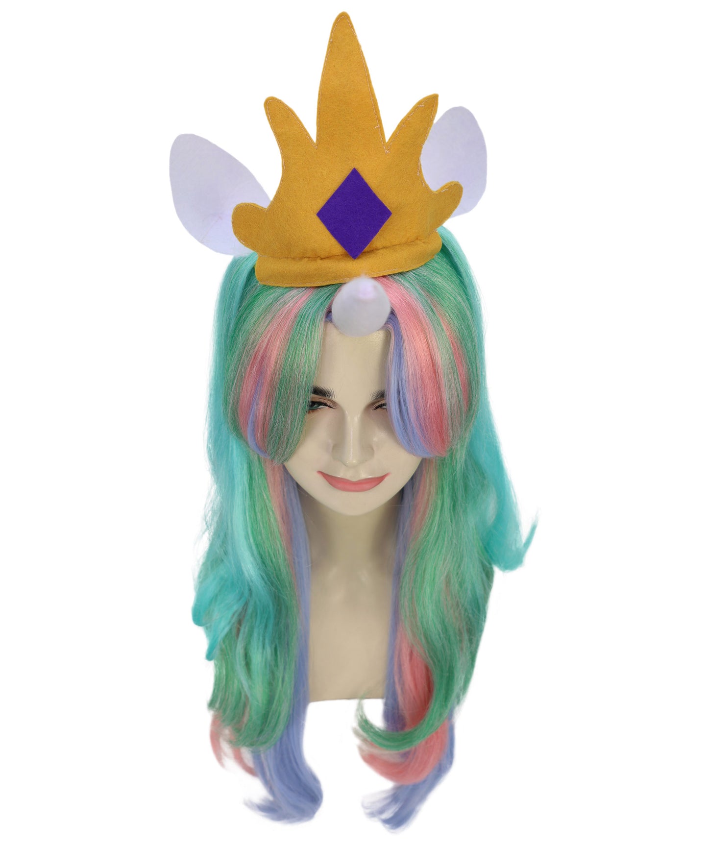 HPO Women’s Fantasy Unicorn-Inspired Long Pastel Rainbow Princess Wig with Horn and Crown | Halloween Wig | Flame-retardant Synthetic Fiber